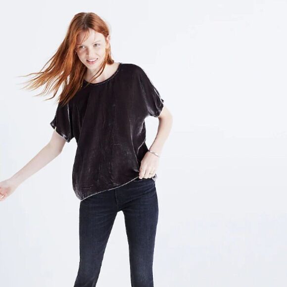 Madewell Tops - Madewell Dark Gray Velvet Bow-Tie-Back Viscose Silk Pullover Top Womens Size XS